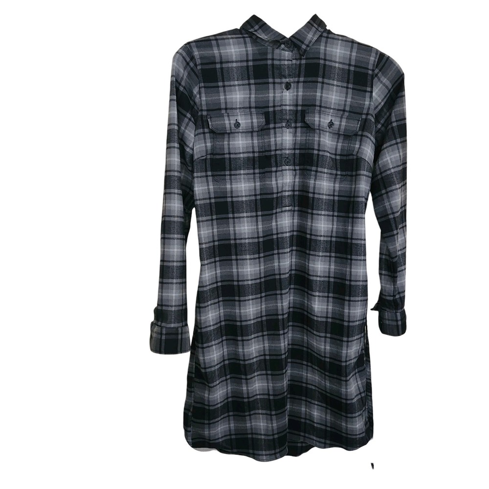 Eddie Bauer Shirt Dress Womens 6 Gray Plaid Long Sleeve Button Front Belted